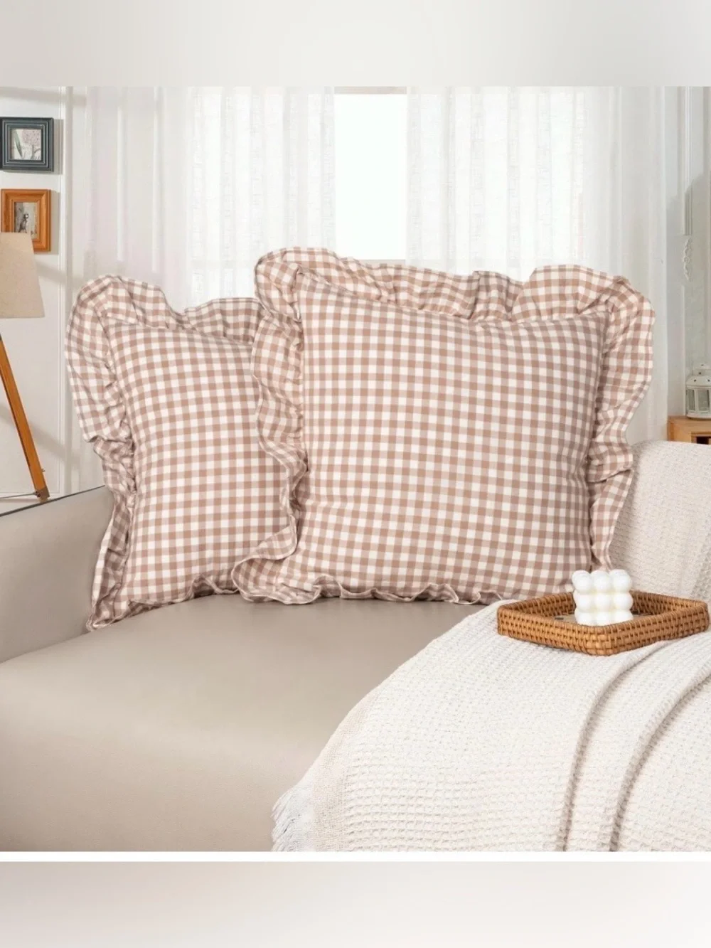 Farmhouse Gingham Ruffle Pillow Shams 100% Cotton SQUARE 18x18” (2-Pack)
